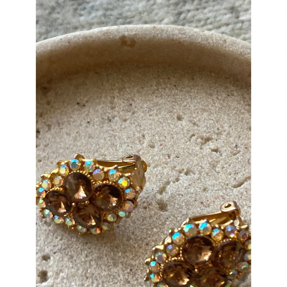 Vintage Clip On Earrings AB Halo Gold Tone Smoky Brown Rhinestone Romantic Glam